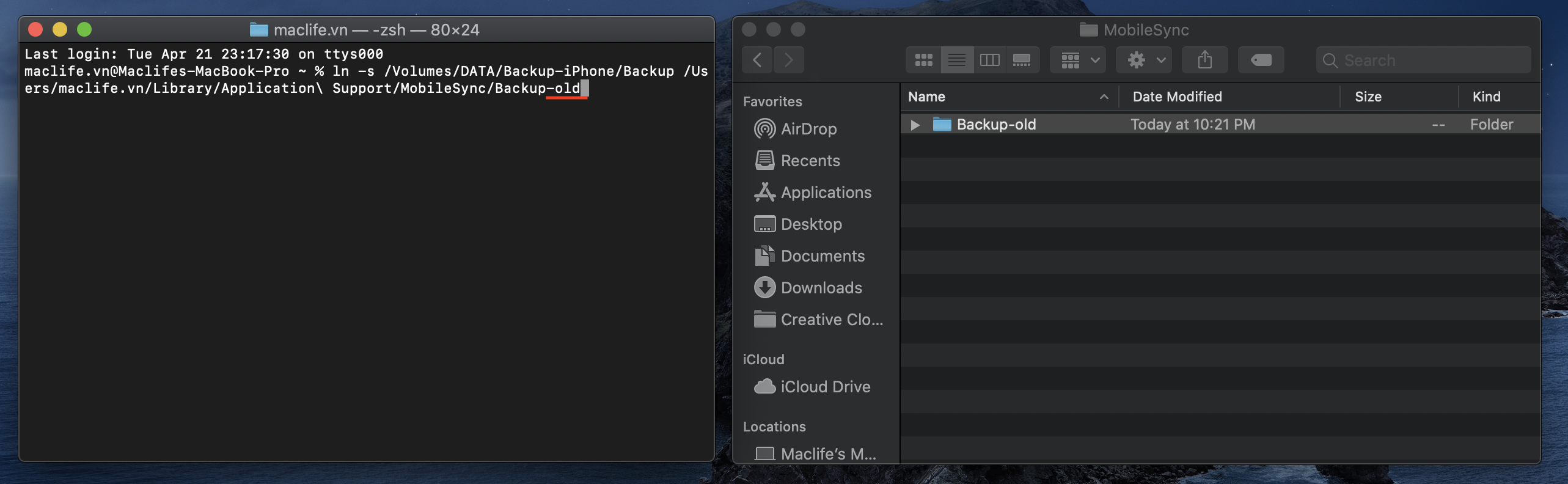 doi duong dan backup iphone 10