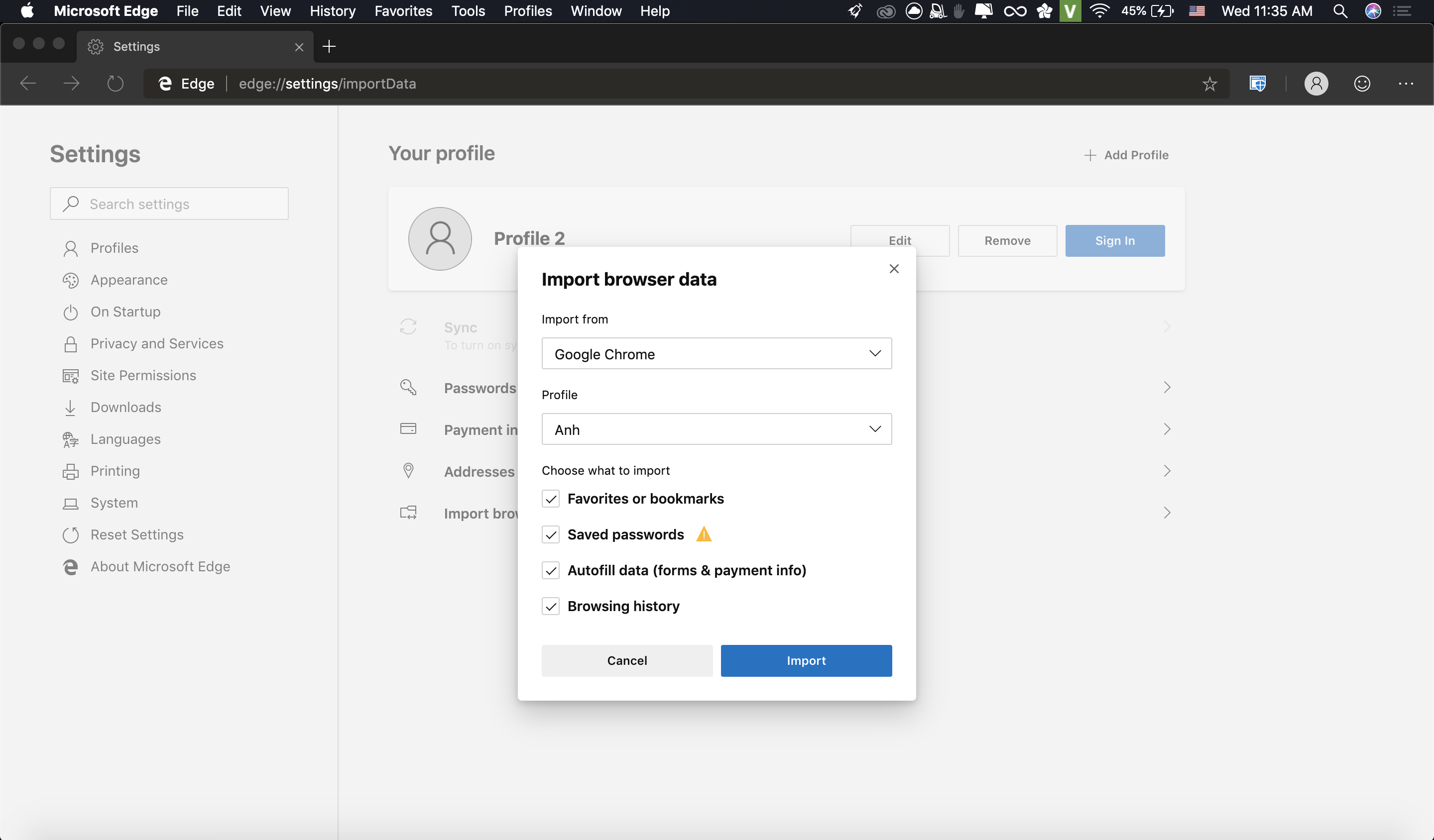 microsoft edge canary mac import
