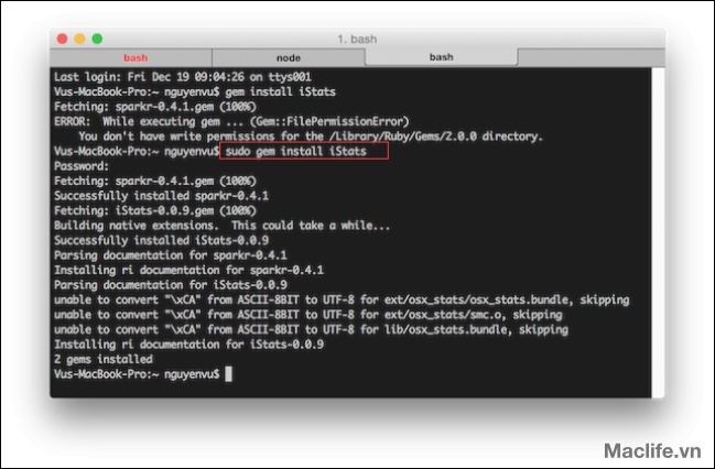 Nhiệt độ, quạt, pin từ Terminal MacOs 1 xem nhiet do